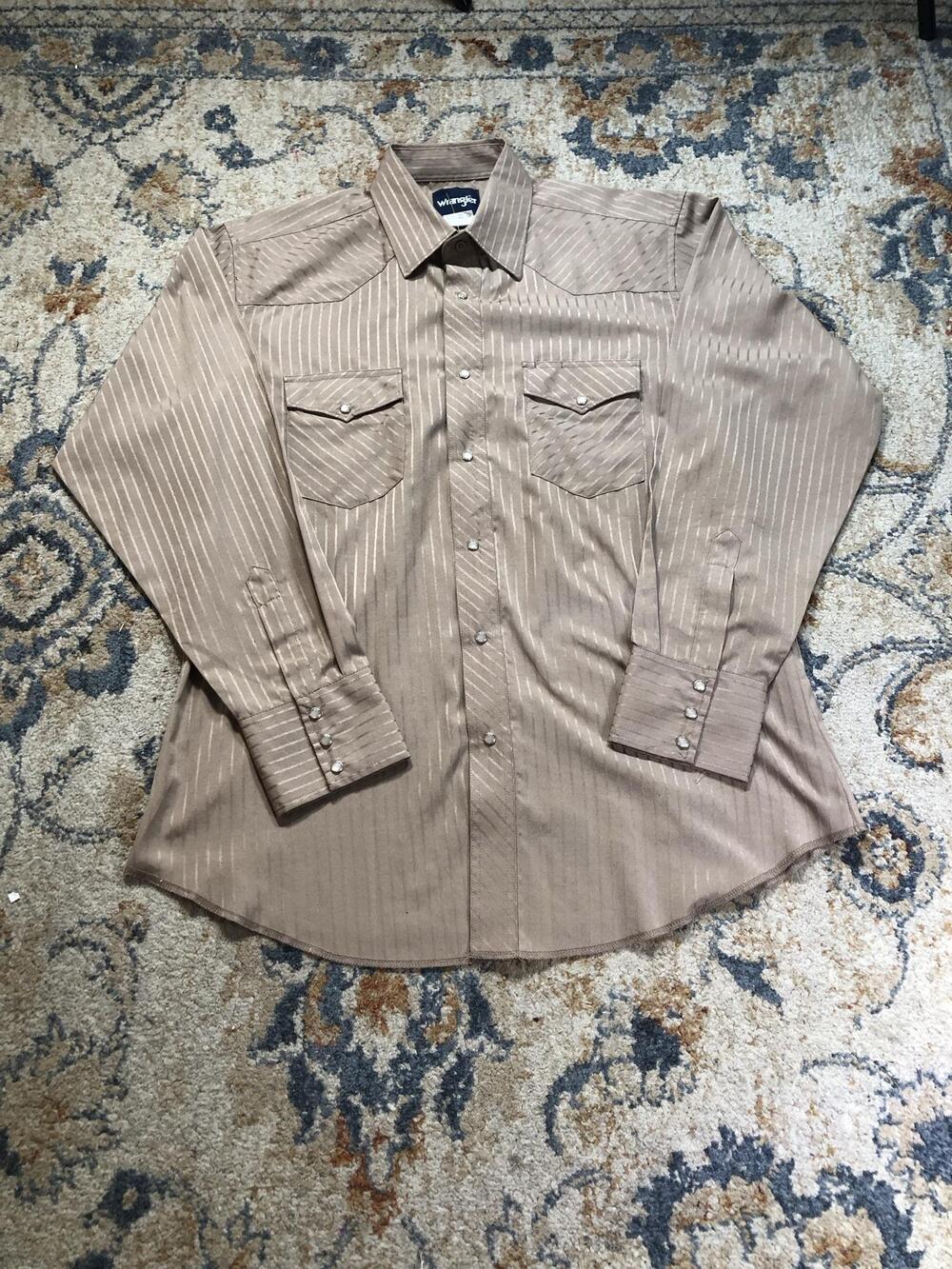 Wrangler Shirt Mens L Beige Striped Long Sleeve Western Pearl Snap Pockets